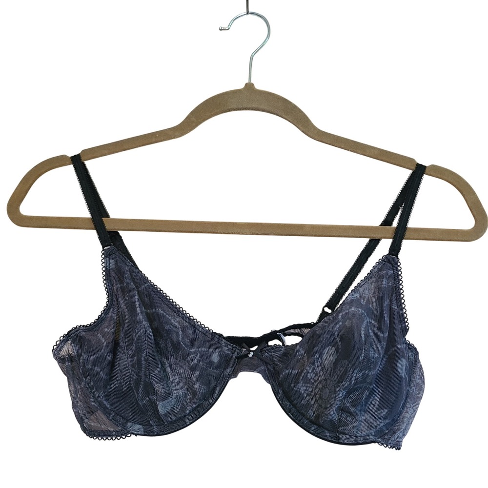 Wonderbra Underwire Bra Womens 36C Black Grey Sheer Mesh Lace Floral Whimsigoth